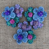 Three flower brooch - hand made felt - gentle blues, mauves and green