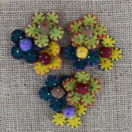 Three flower brooch - hand made felt - autumn mustard/teal/green