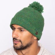 Pure wool - turn up bobble hat - green heather