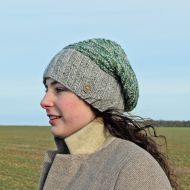 Pure Wool Hand knit - two tone moss - baggy beanie - mid grey/green heather