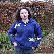 Hand knit, pure wool - Jumper With Flowers - Blue
