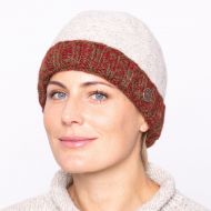 Hand knit pure wool - turn up beanie - spice/khaki-pale grey