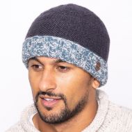 Hand knit pure wool - turn up beanie - blue/white-smoke