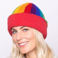 Hand knit - pure wool - vertical stripe - baggy/turn up - rainbow