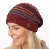 Pure Wool Hand knit - fine stripe - baggy beanie - brick