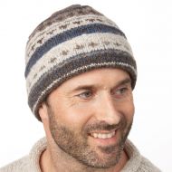 Pure Wool Turn up - pattern beanie hat - natural browns/blue