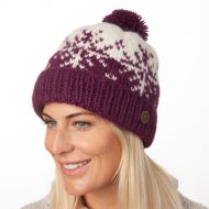 Pure Wool Hand knit - snowflake reflection - bobble hat - deep berry