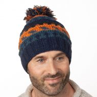 Pure wool Bobble Hat - Ridge Pattern - Blue/black