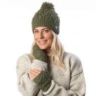 Leaf bobble hat - hand knitted - pure wool - fleece lining - sage green