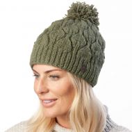 Leaf bobble hat - hand knitted - pure wool - fleece lining - sage green