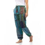 Patchwork Seersucker Cotton - Harem Trousers - Blue/Green