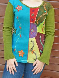 Applique & embroidery - stonewashed top - multi greens