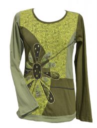 Applique large flower - long sleeve top - green
