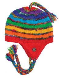 Recycled silk earflap hat - hand knitted - fleece lining - rainbow
