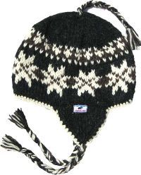 Hand knit - half fleece lined - snowflake - ear flap hat - Dark Grey