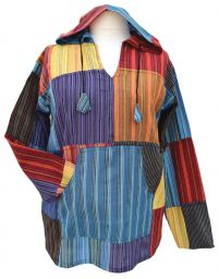 Cotton Striped Patchwork Hooded Shirt -
