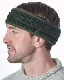 Pure Wool Fleece lined headband - cable - Dark green