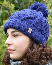 Pure Wool Celtic bobble hat - turn up - dark blue