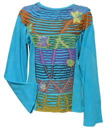 Banded 'cut' - flower applique - stonewashed top - turquoise