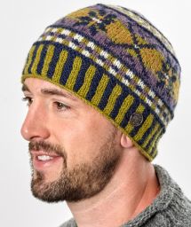 Pure wool hand knit - cosmos beanie - purple/mustard