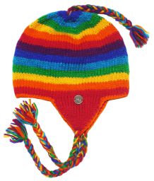 Rainbow ear flap hat - pure wool - hand knitted - fleece lining