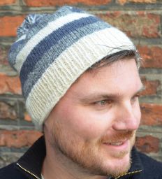 Striped bobble hat - single knit - greys / white