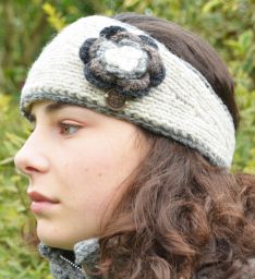 Fleece lined - large flower - headband - Pale Grey/Grey Border