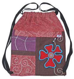 Hand embroidered - heavy cotton duffle bag - pink/brown