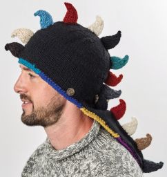 Dino hat - pure wool - hand knitted - fleece lining - black
