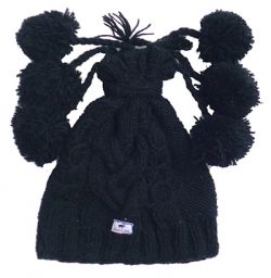 Half fleece lined - six bobble - tie top cable hat - Black