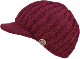 Ribbed peak hat - pure wool - hand knitted - fleece lining - brick