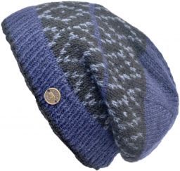Hand knit - diamond bands - baggy beanie - blue