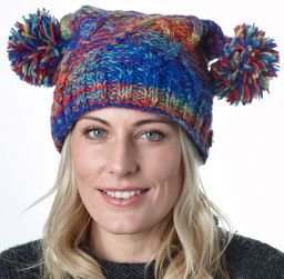 Square cable pom pom hat - hand knitted - pure wool - fleece lining - rainbow electric