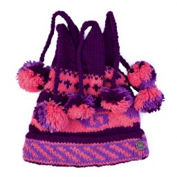 four bobble - tie top turn up hat - Purples/Pink