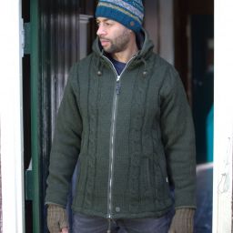 Fleece lined - detachable hood - cable jacket - Green