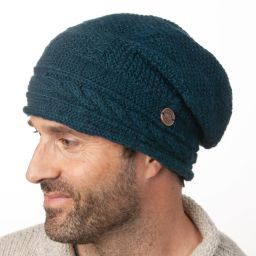Pure wool - half fleece lined - cable slouch - Teal
