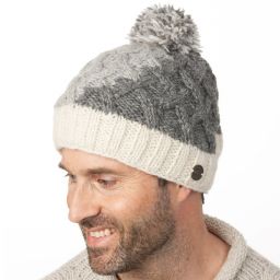 Pure Wool Hand knit - lattice step bobble hat - Grey/white