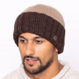 Hand knit - watchman's beanie - Chocolate brown/camel