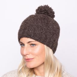 Classic bobble hat - hand knitted - fleece lining - marl brown