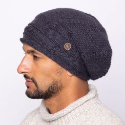 Pure wool - half fleece lined - cable slouch hat - Smoke