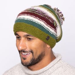 Hand knit - electric stripe - bobble slouch - Green