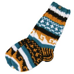 Pure wool - hand knit socks -  mustard/teal patterned