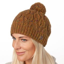 Leaf bobble hat - hand knitted - pure wool - fleece lining - gold heather