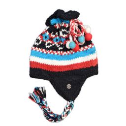 Hand knit - pure wool - tie top - ear flap hat - Black/blue assorted