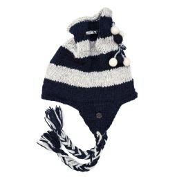 Hand knit - tie top - ear flap hat - broad stripe - Black/grey