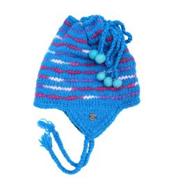 Pure wool - tie top/soft wool - ear flap hat - turquoise
