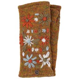 Hand embroidered flower - fleece lined wristwarmer - heather gold