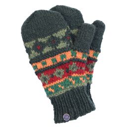 Hand knit pure wool - multi pattern mitten - green