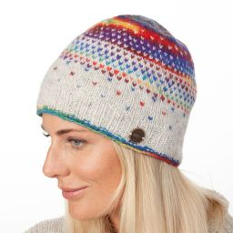 Pure Wool Hand knit - solar tick beanie - pale grey/rainbow