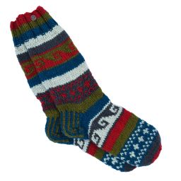Pure wool - hand knit socks -  green/red patterned